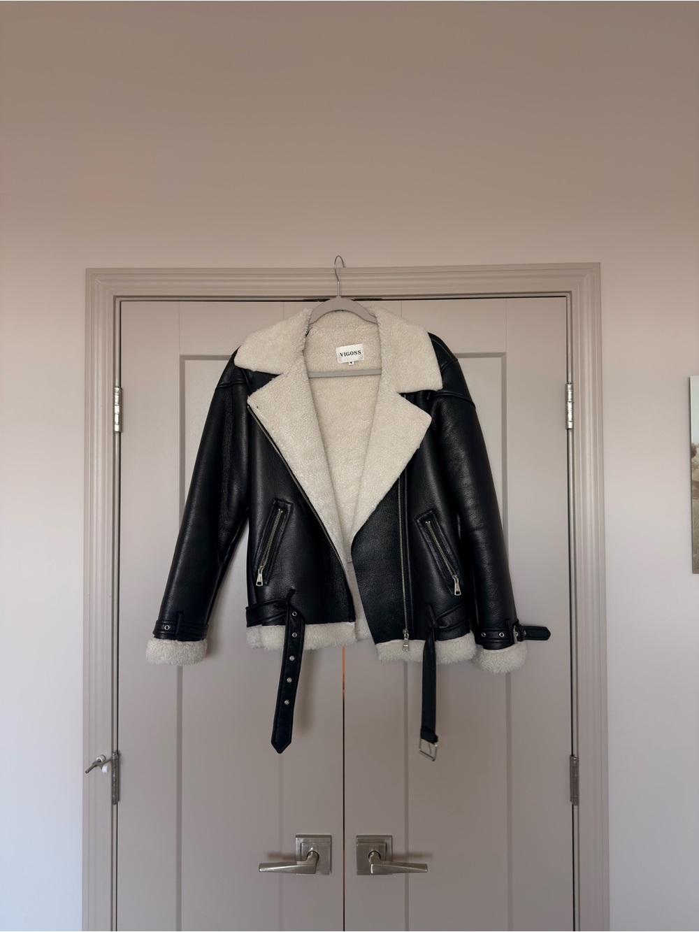 Vigoss Black Faux Leather Moto Jacket with Cream Shearling